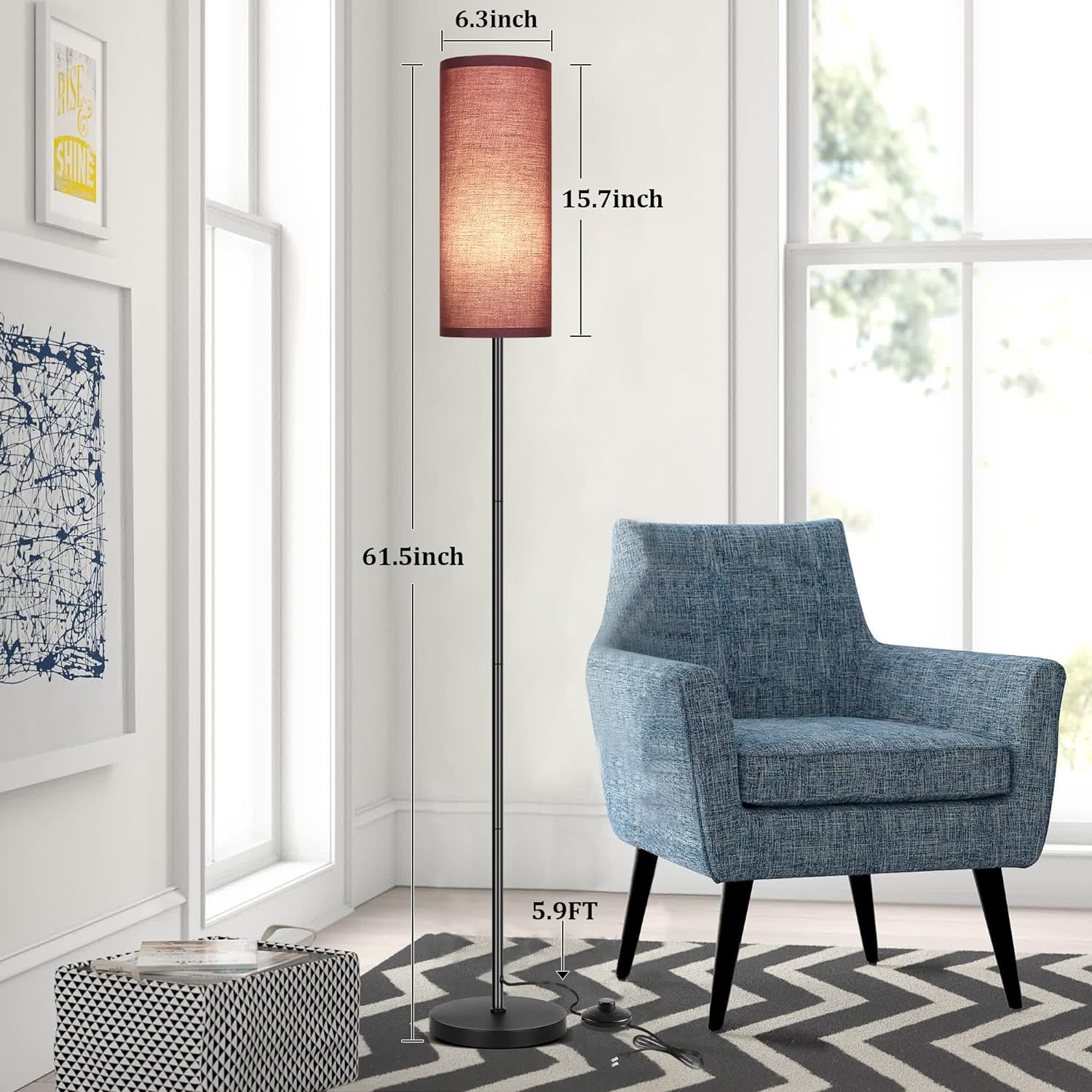DwellGlow: Boho Floor Lamp for Living Room with 3 Color Temperatures LED Bulb, Standing Lamp Tall Lamp Reading for Bedroom, Office, Kids Room (9W LED Bulb, Rattan & Fabric Shades Included)