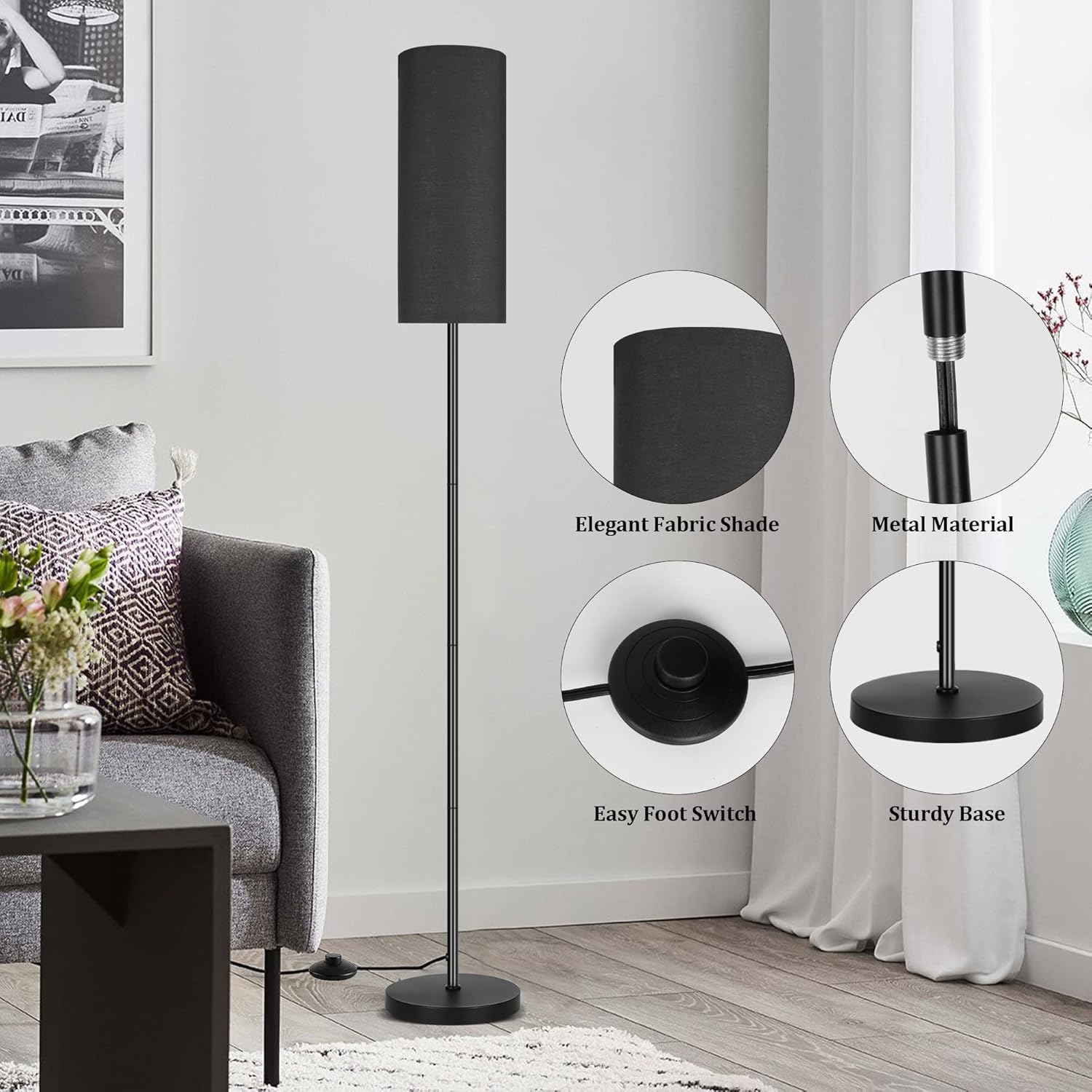 DwellGlow: Boho Floor Lamp for Living Room with 3 Color Temperatures LED Bulb, Standing Lamp Tall Lamp Reading for Bedroom, Office, Kids Room (9W LED Bulb, Rattan & Fabric Shades Included)