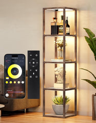 DwellGlow: Large Glass Display Shelf with Remote/APP Control, Dimmable LED Floor Lamp with Shelves, Open Display Cabinet, Color Temperature Control (2700K-6000K), Black