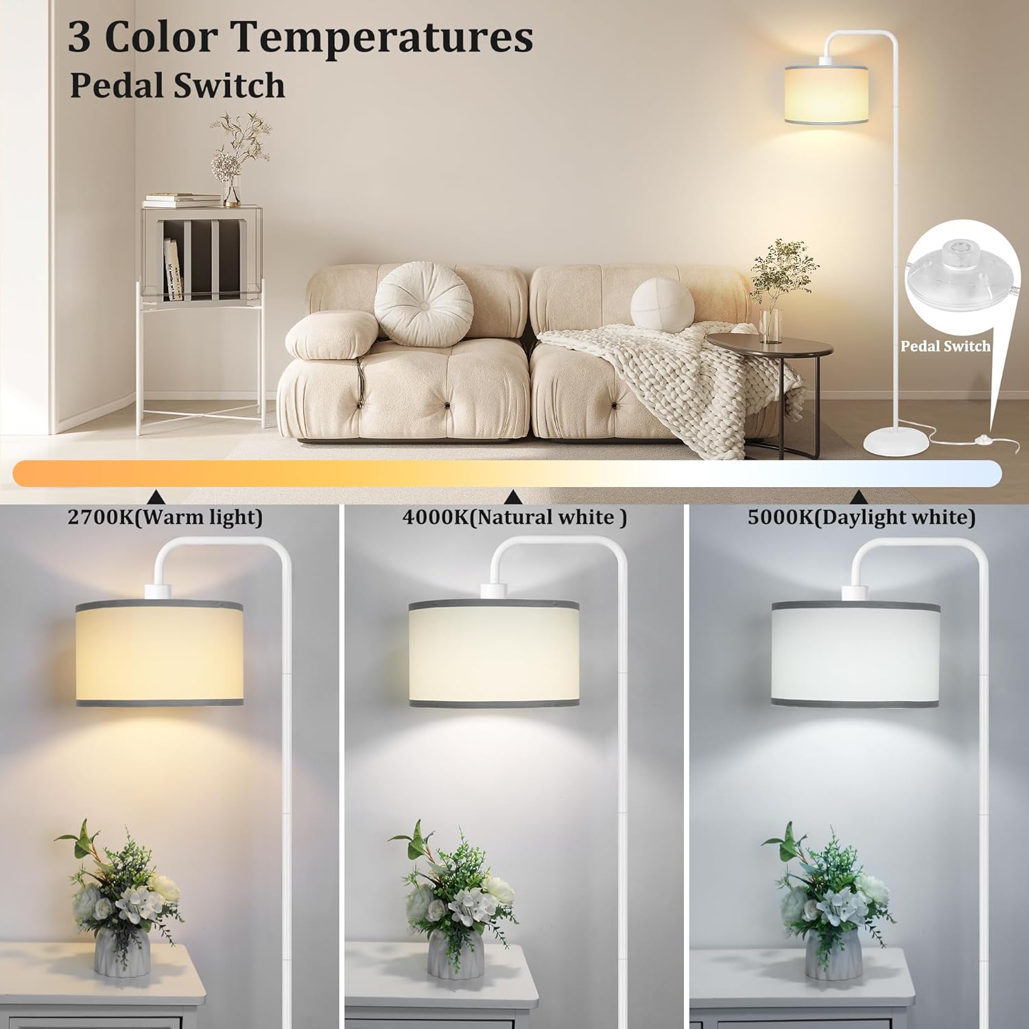 DwellGlow: LED Floor Lamp for Living Room, 3 Color Temperature, with Foot Switch, 9W Bulb Included, Oil Rubbed Bronze