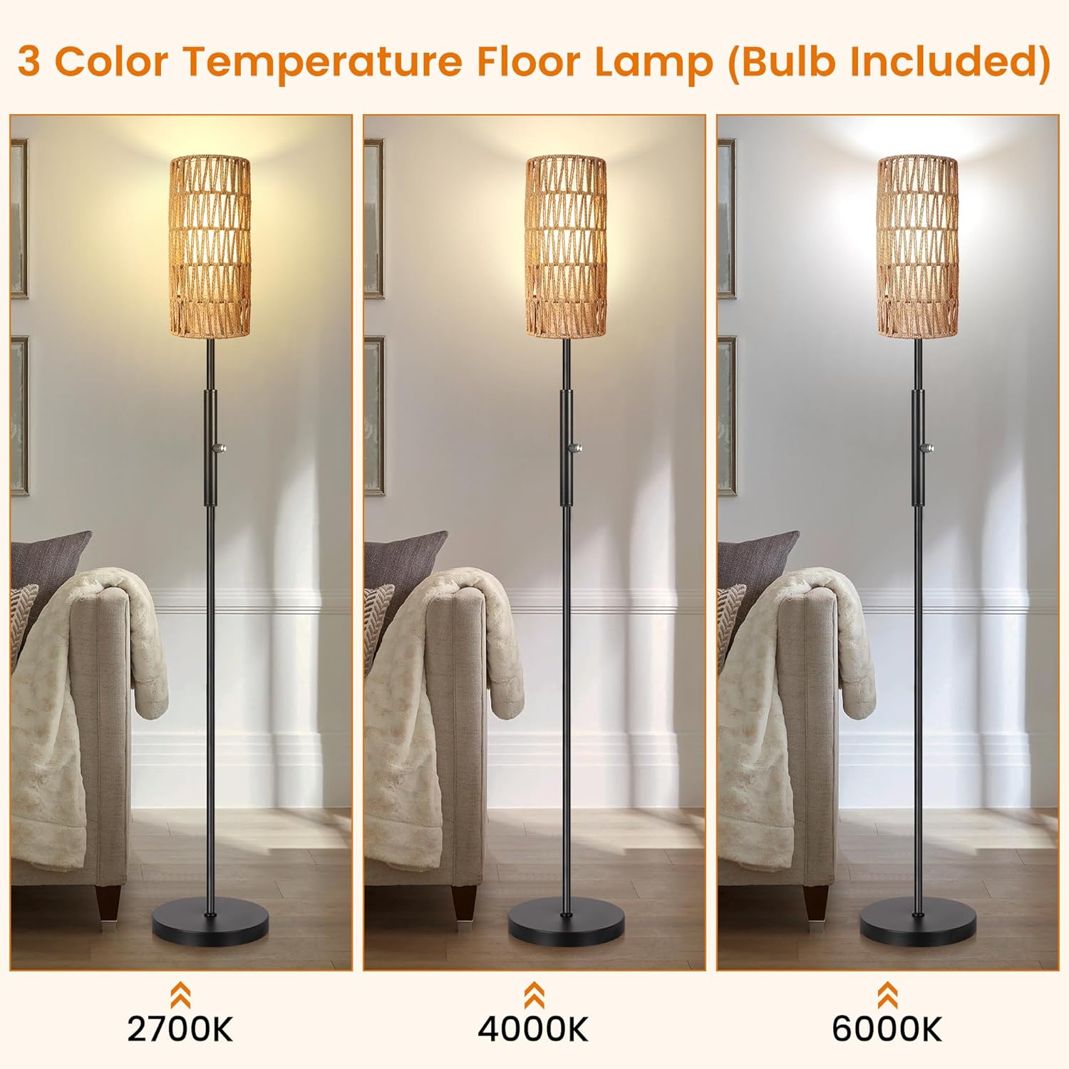 DwellGlow: Boho Floor Lamp for Living Room with 3 Color Temperatures LED Bulb, Standing Lamp Tall Lamp Reading for Bedroom, Office, Kids Room (9W LED Bulb, Rattan & Fabric Shades Included)