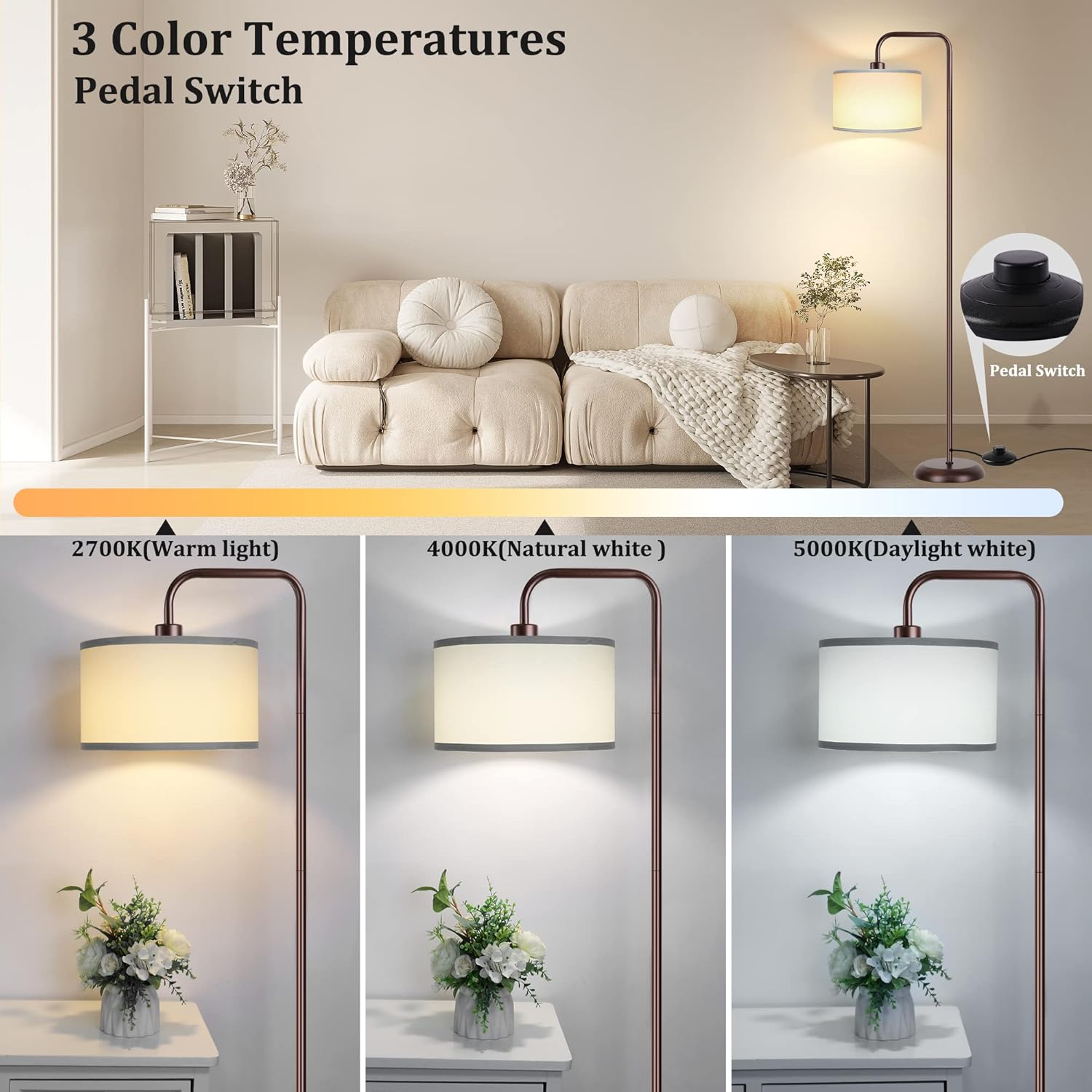 DwellGlow: LED Floor Lamp for Living Room, 3 Color Temperature, with Foot Switch, 9W Bulb Included, Oil Rubbed Bronze
