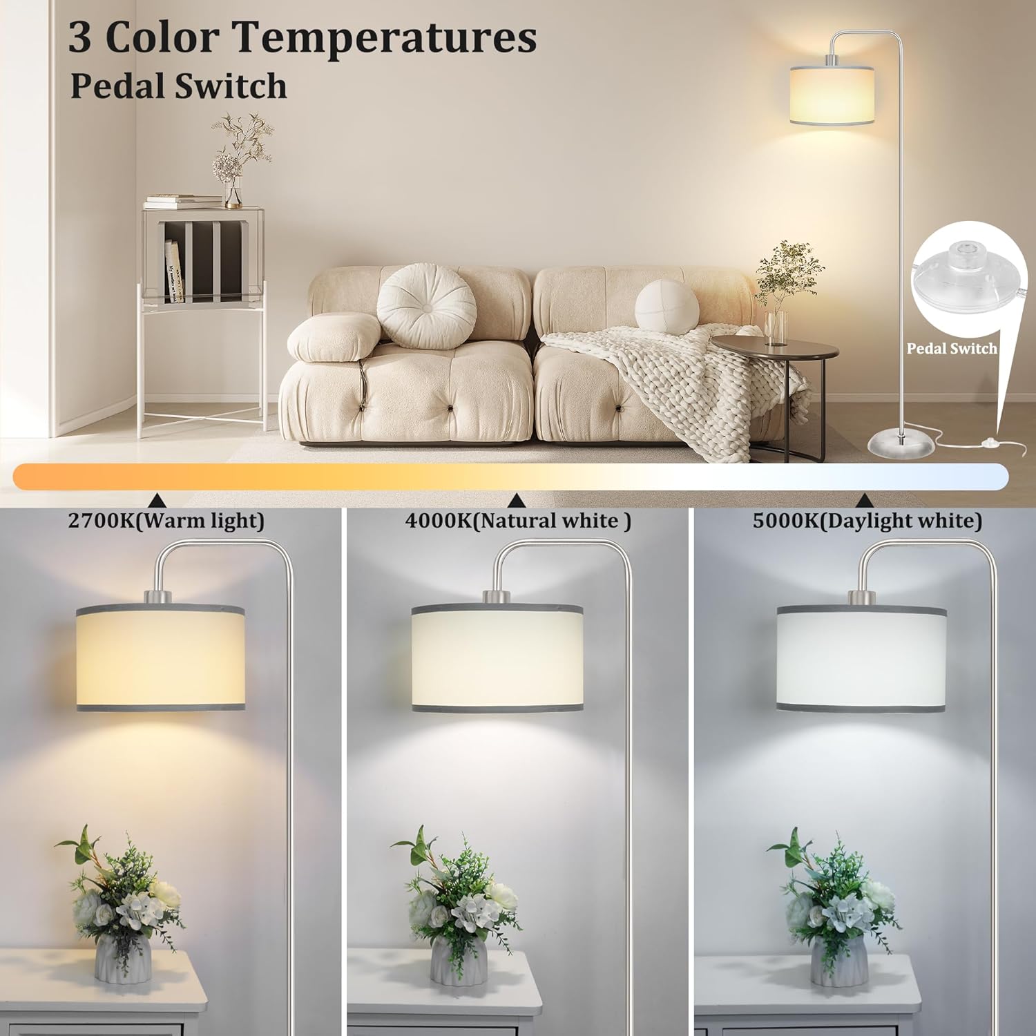DwellGlow: LED Floor Lamp for Living Room, 3 Color Temperature, with Foot Switch, 9W Bulb Included, Oil Rubbed Bronze