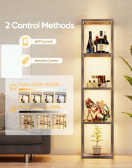 DwellGlow: Large Glass Display Shelf with Remote/APP Control, Dimmable LED Floor Lamp with Shelves, Open Display Cabinet, Color Temperature Control (2700K-6000K), Black