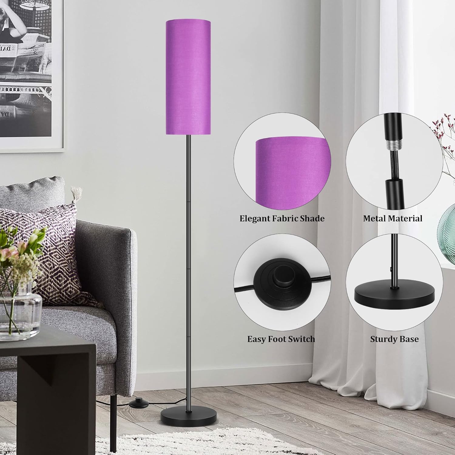 DwellGlow: Boho Floor Lamp for Living Room with 3 Color Temperatures LED Bulb, Standing Lamp Tall Lamp Reading for Bedroom, Office, Kids Room (9W LED Bulb, Rattan & Fabric Shades Included)