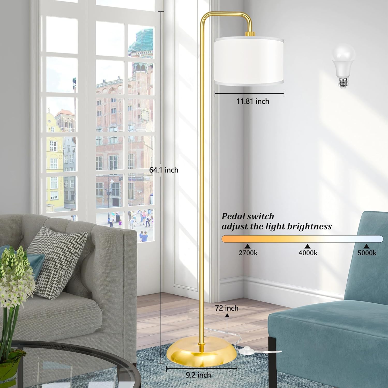 DwellGlow: LED Floor Lamp for Living Room, 3 Color Temperature, with Foot Switch, 9W Bulb Included, Oil Rubbed Bronze