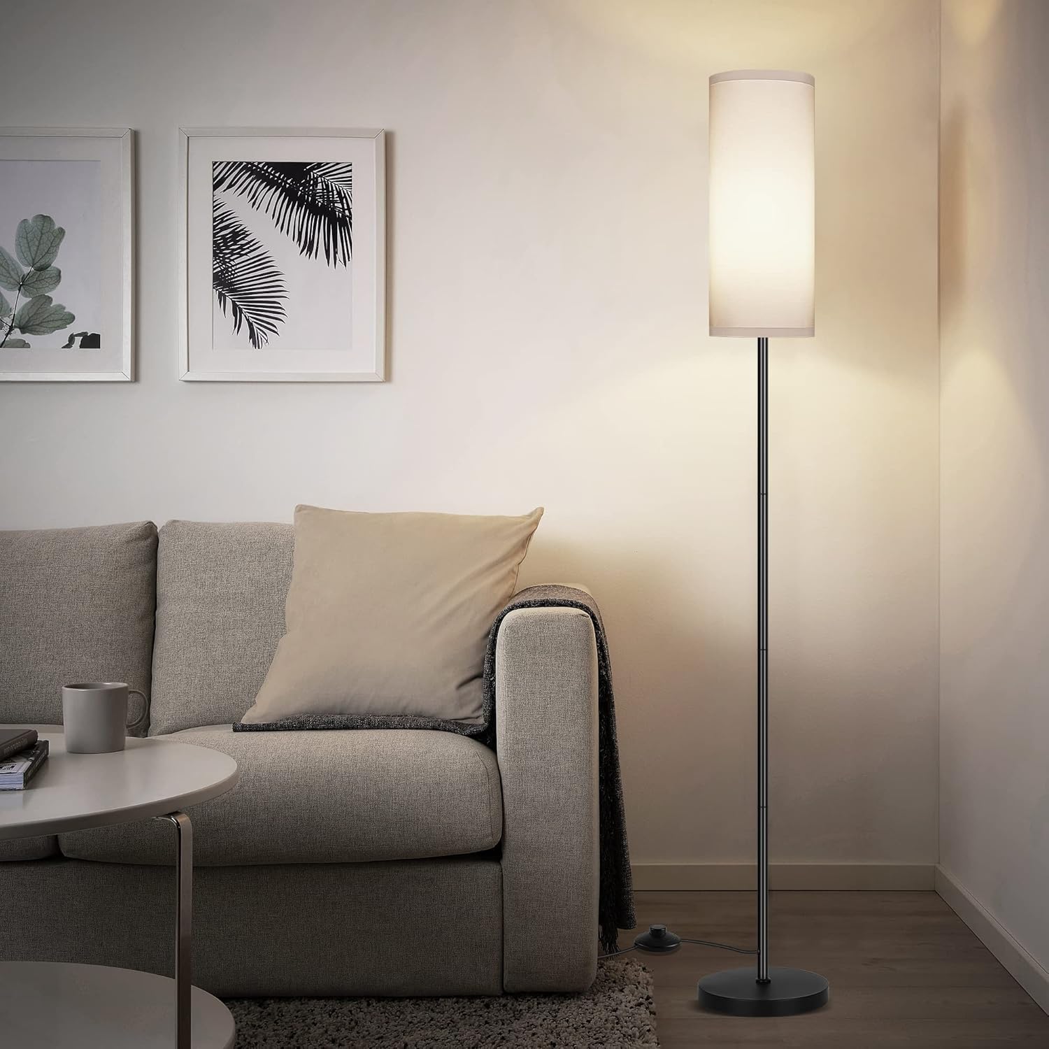 DwellGlow: Boho Floor Lamp for Living Room with 3 Color Temperatures LED Bulb, Standing Lamp Tall Lamp Reading for Bedroom, Office, Kids Room (9W LED Bulb, Rattan & Fabric Shades Included)