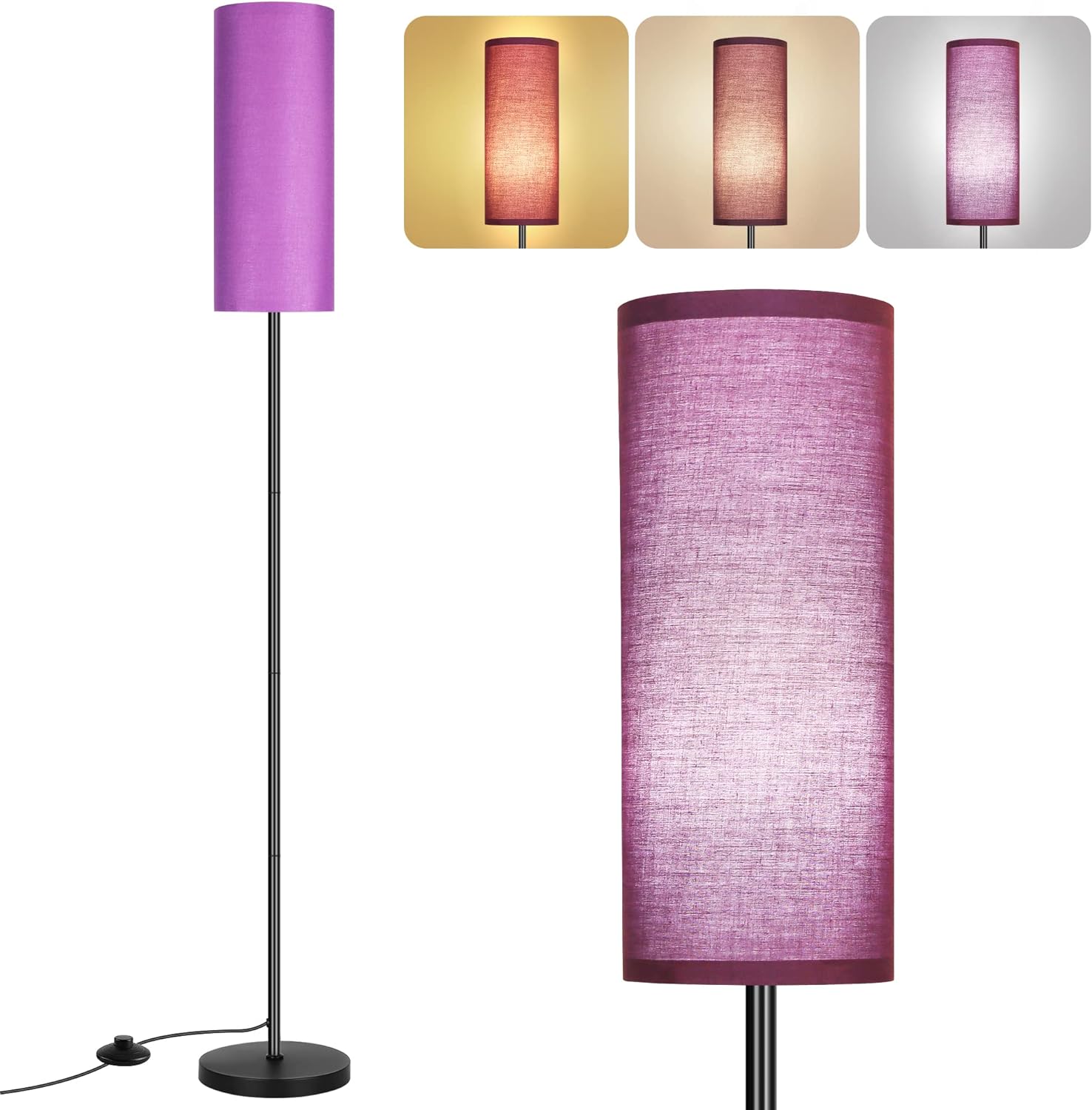 DwellGlow: Boho Floor Lamp for Living Room with 3 Color Temperatures LED Bulb, Standing Lamp Tall Lamp Reading for Bedroom, Office, Kids Room (9W LED Bulb, Rattan & Fabric Shades Included)