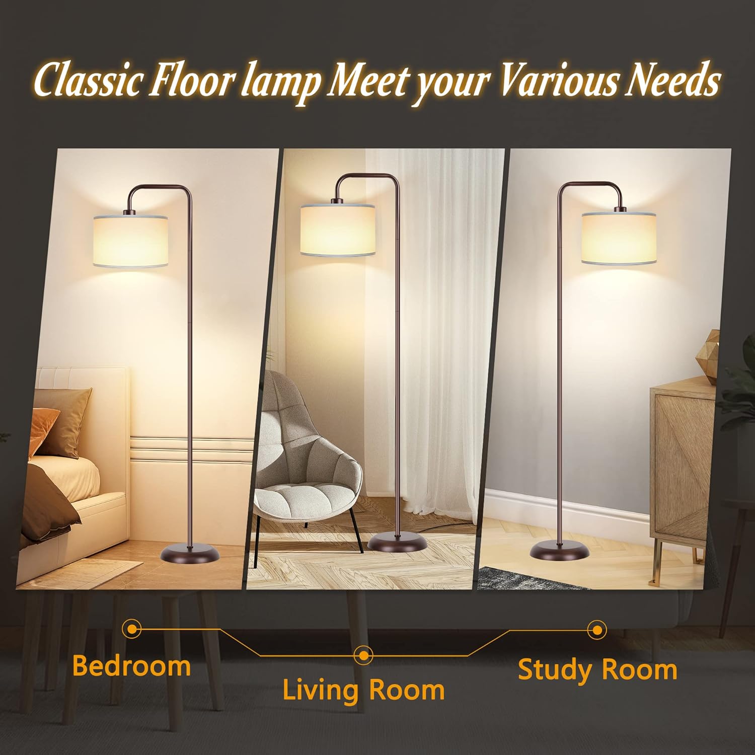 DwellGlow: LED Floor Lamp for Living Room, 3 Color Temperature, with Foot Switch, 9W Bulb Included, Oil Rubbed Bronze