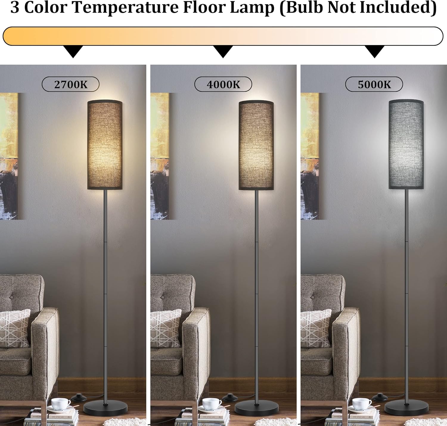 DwellGlow: Boho Floor Lamp for Living Room with 3 Color Temperatures LED Bulb, Standing Lamp Tall Lamp Reading for Bedroom, Office, Kids Room (9W LED Bulb, Rattan & Fabric Shades Included)