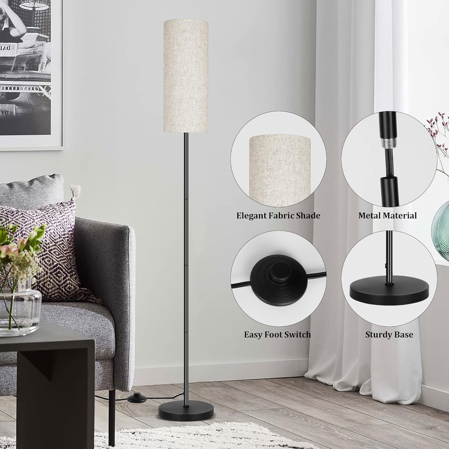 DwellGlow: Boho Floor Lamp for Living Room with 3 Color Temperatures LED Bulb, Standing Lamp Tall Lamp Reading for Bedroom, Office, Kids Room (9W LED Bulb, Rattan & Fabric Shades Included)