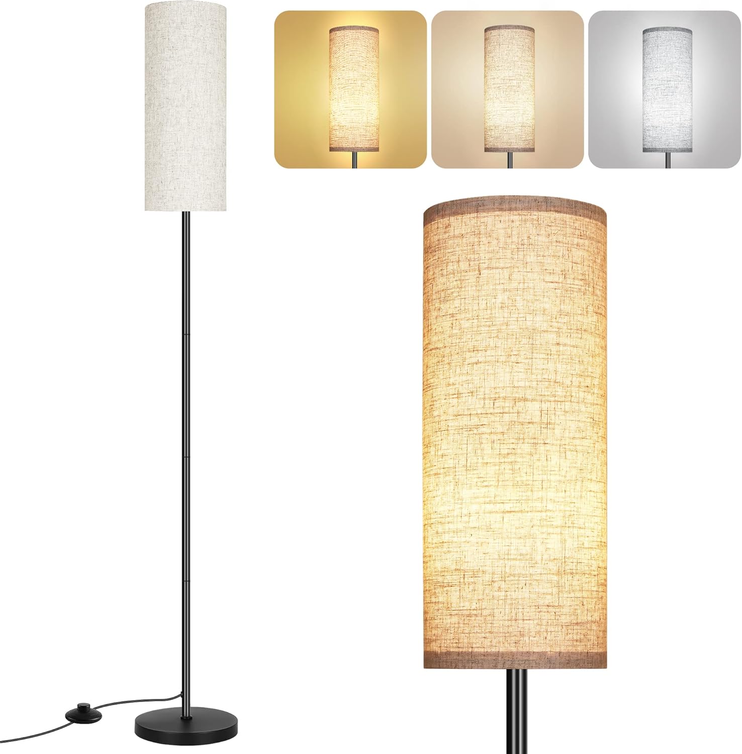DwellGlow: Boho Floor Lamp for Living Room with 3 Color Temperatures LED Bulb, Standing Lamp Tall Lamp Reading for Bedroom, Office, Kids Room (9W LED Bulb, Rattan & Fabric Shades Included)
