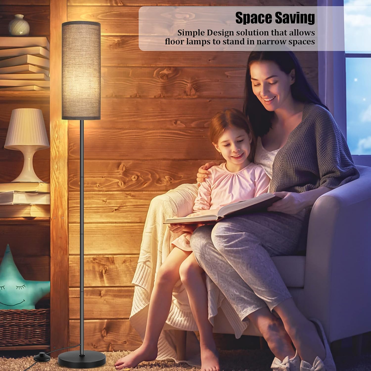 DwellGlow: Boho Floor Lamp for Living Room with 3 Color Temperatures LED Bulb, Standing Lamp Tall Lamp Reading for Bedroom, Office, Kids Room (9W LED Bulb, Rattan & Fabric Shades Included)