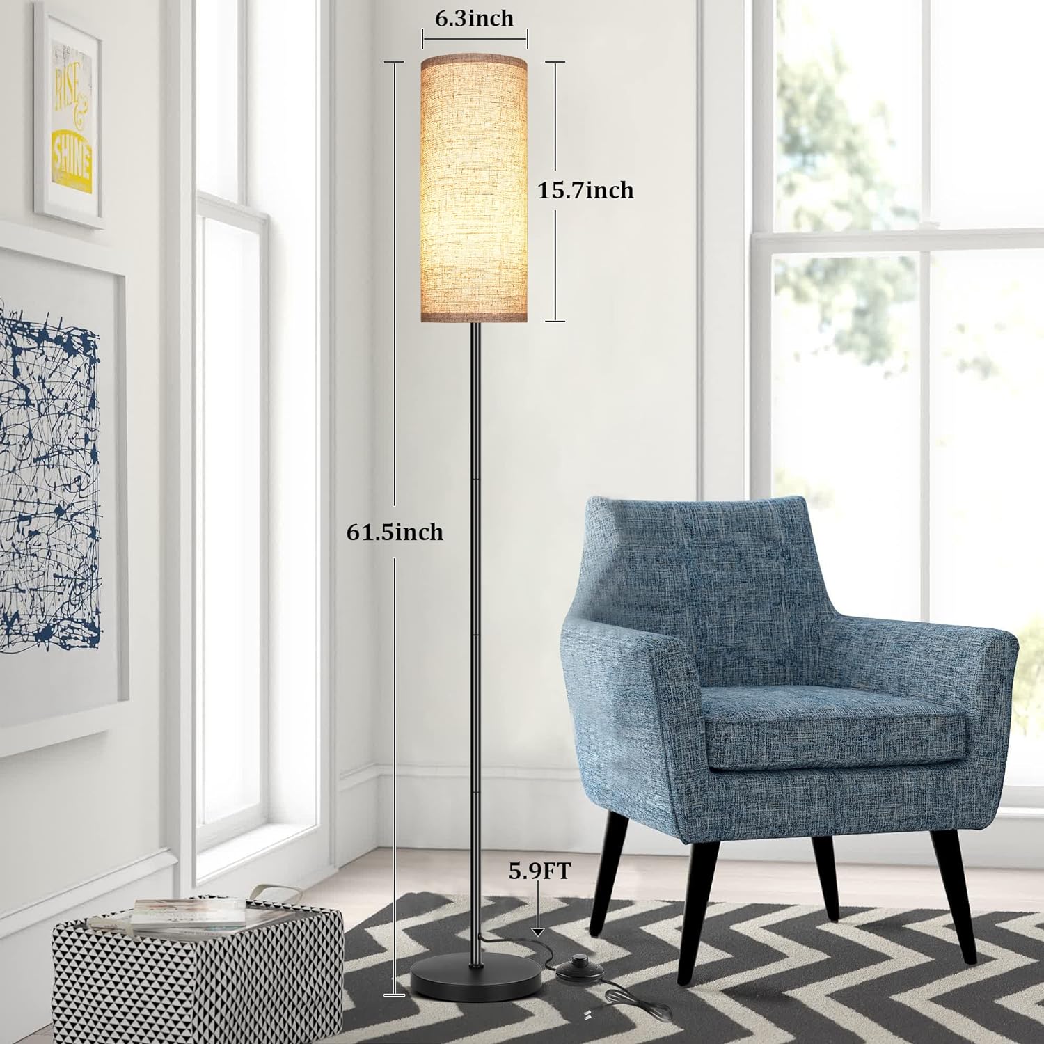 DwellGlow: Boho Floor Lamp for Living Room with 3 Color Temperatures LED Bulb, Standing Lamp Tall Lamp Reading for Bedroom, Office, Kids Room (9W LED Bulb, Rattan & Fabric Shades Included)