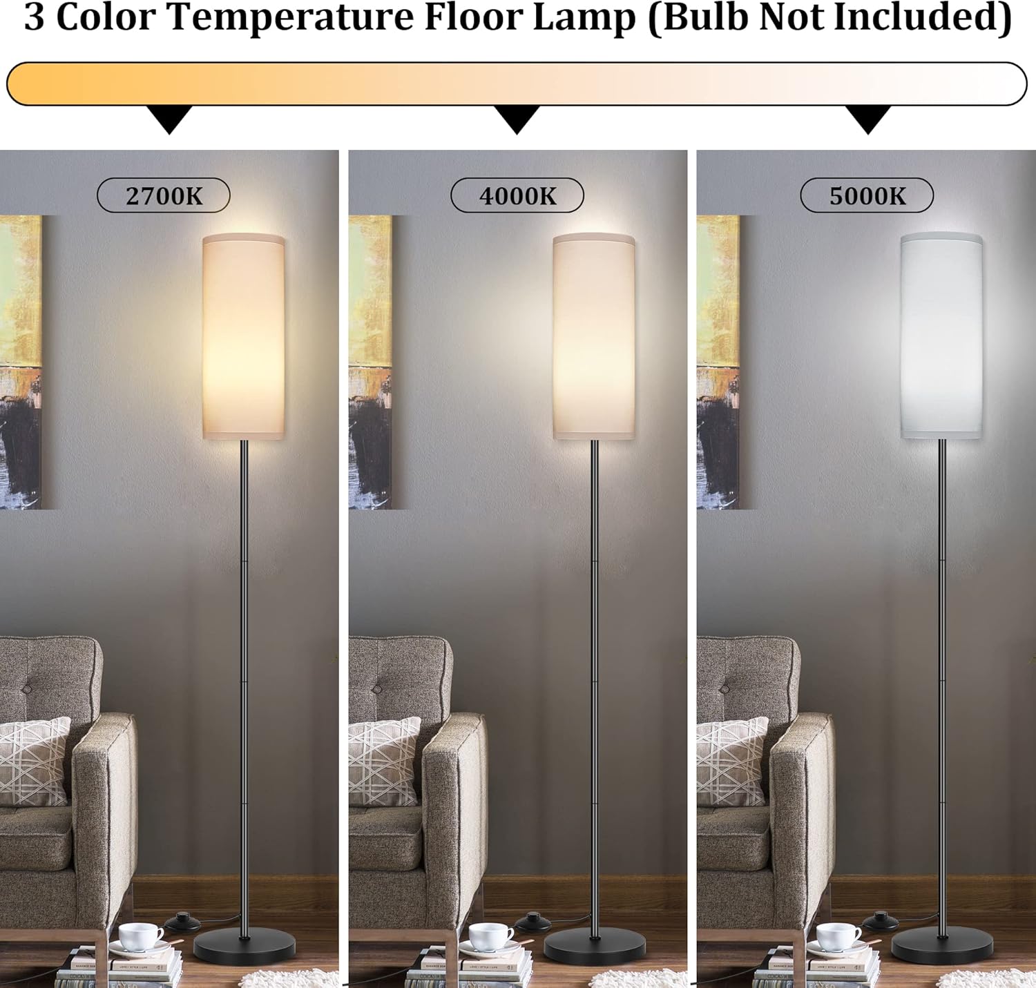 DwellGlow: Boho Floor Lamp for Living Room with 3 Color Temperatures LED Bulb, Standing Lamp Tall Lamp Reading for Bedroom, Office, Kids Room (9W LED Bulb, Rattan & Fabric Shades Included)