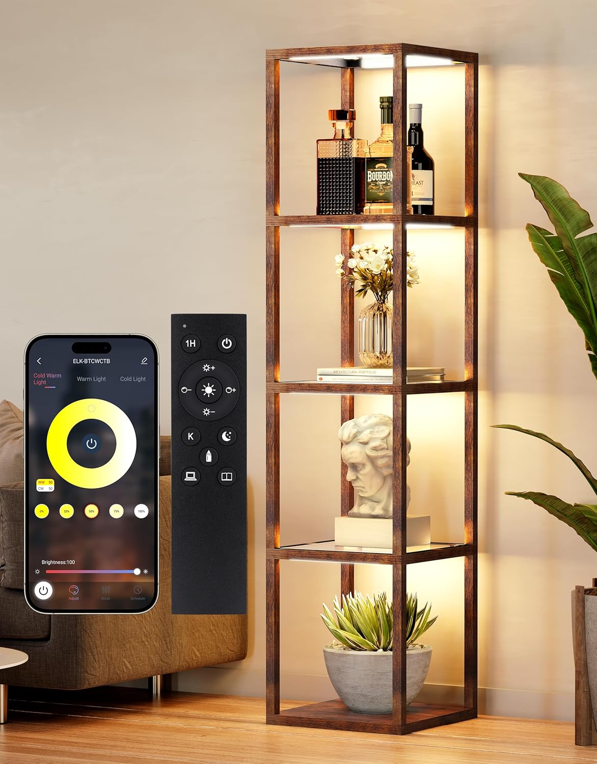 DwellGlow: Large Glass Display Shelf with Remote/APP Control, Dimmable LED Floor Lamp with Shelves, Open Display Cabinet, Color Temperature Control (2700K-6000K), Black