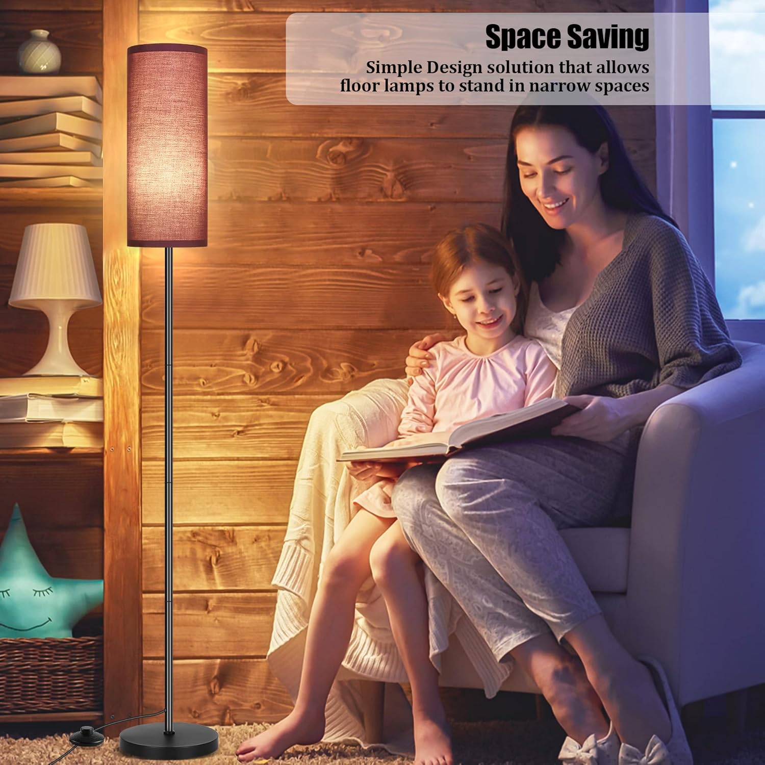 DwellGlow: Boho Floor Lamp for Living Room with 3 Color Temperatures LED Bulb, Standing Lamp Tall Lamp Reading for Bedroom, Office, Kids Room (9W LED Bulb, Rattan & Fabric Shades Included)