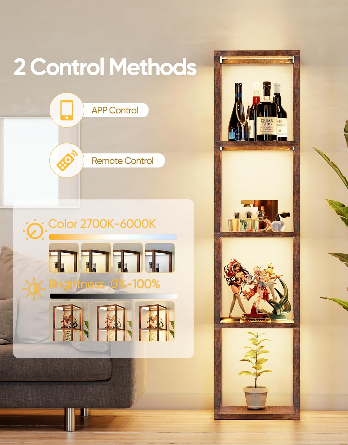 DwellGlow: Large Glass Display Shelf with Remote/APP Control, Dimmable LED Floor Lamp with Shelves, Open Display Cabinet, Color Temperature Control (2700K-6000K), Black