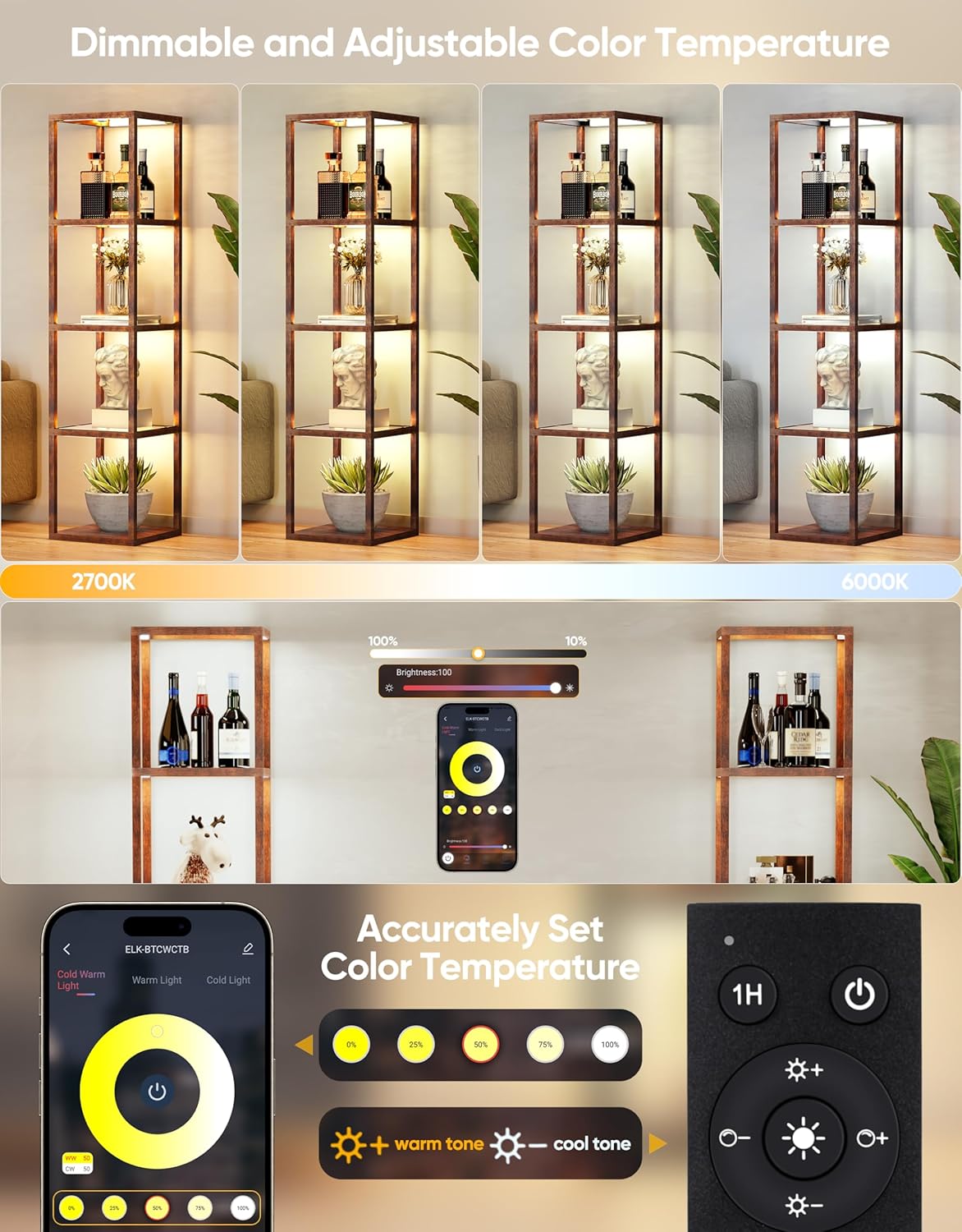 DwellGlow: Large Glass Display Shelf with Remote/APP Control, Dimmable LED Floor Lamp with Shelves, Open Display Cabinet, Color Temperature Control (2700K-6000K), Black