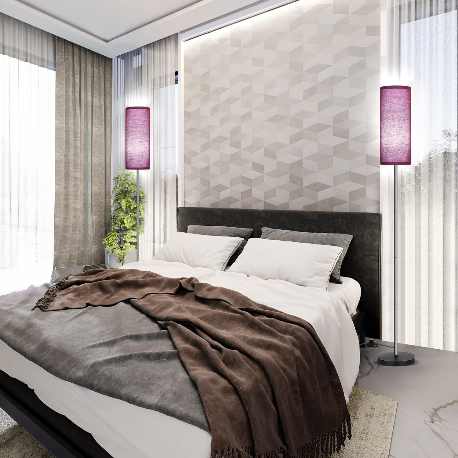 DwellGlow: Boho Floor Lamp for Living Room with 3 Color Temperatures LED Bulb, Standing Lamp Tall Lamp Reading for Bedroom, Office, Kids Room (9W LED Bulb, Rattan & Fabric Shades Included)
