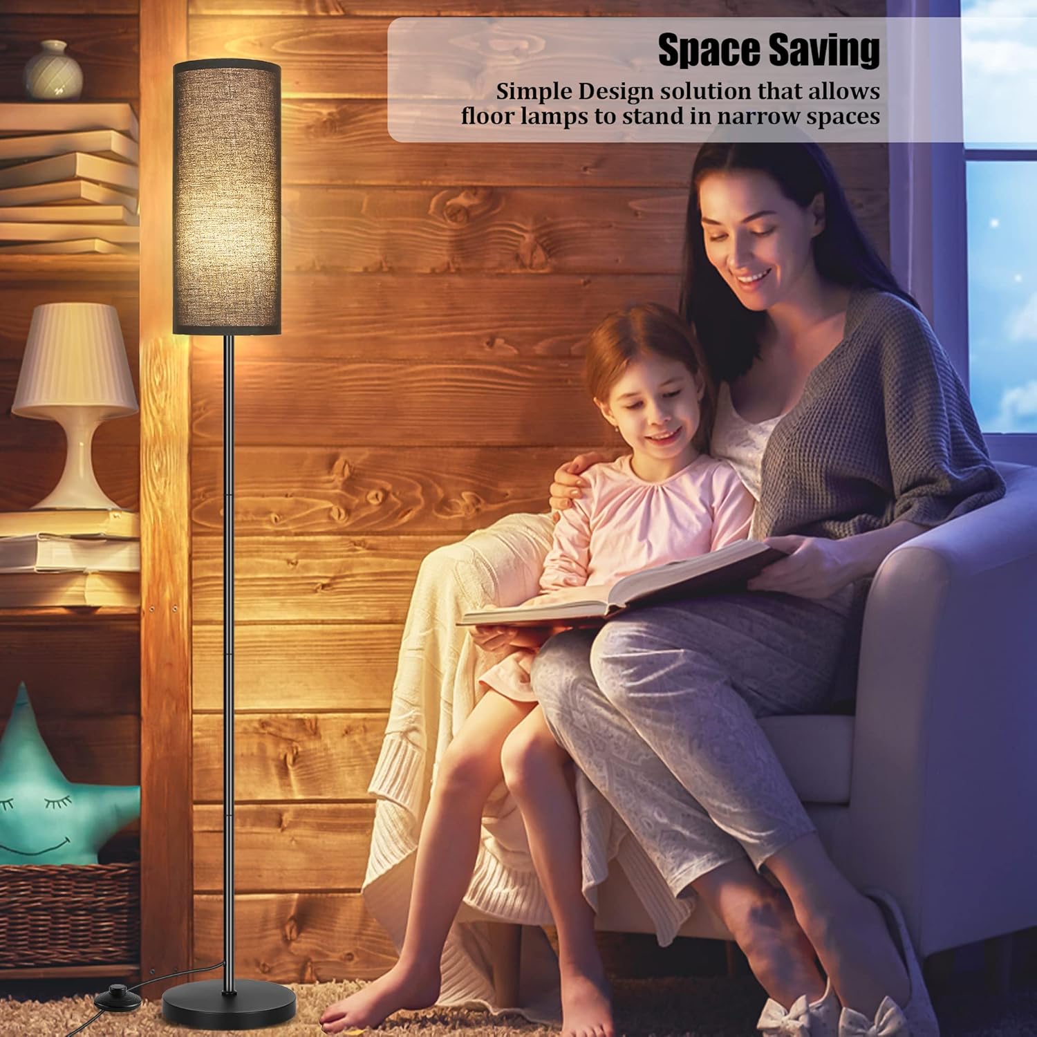 DwellGlow: Boho Floor Lamp for Living Room with 3 Color Temperatures LED Bulb, Standing Lamp Tall Lamp Reading for Bedroom, Office, Kids Room (9W LED Bulb, Rattan & Fabric Shades Included)